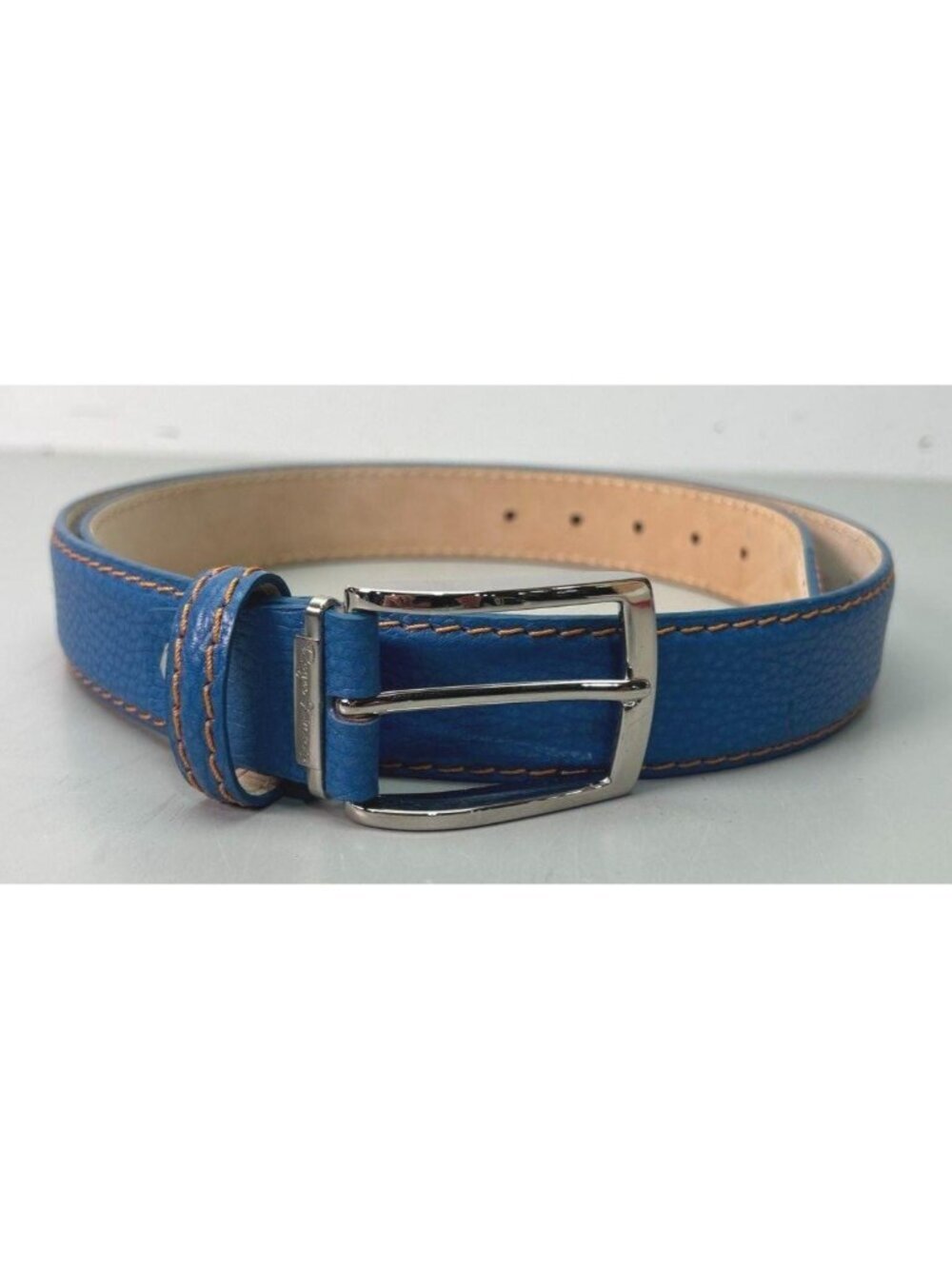 Roger Ximenez Men's Italian Calf Leather Blue  Yellow Stitching Belt 46 Inches